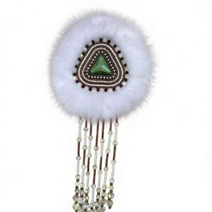 Oroqen Ethnic Intangible Cultural Heritage Sunflower Brooch | Rabbit Fur with Green Jade & Beaded Fringe
