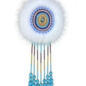 Oroqen Ethnic Sunflower Brooch ｜ White Fur with Turquoise & Beaded Fringe Cultural Heritage Accessory